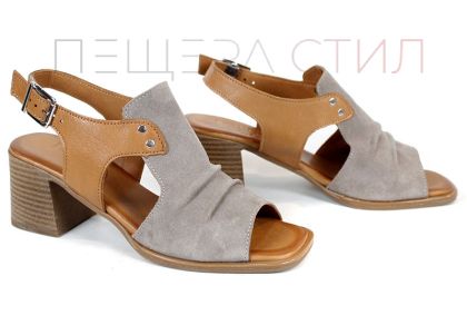 дамски сандали от естествен велур и кожа във визон и таба