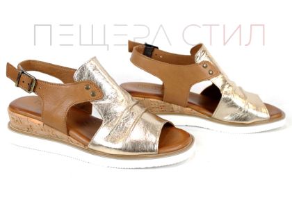 дамски сандали от естествена кожа в злато и таба