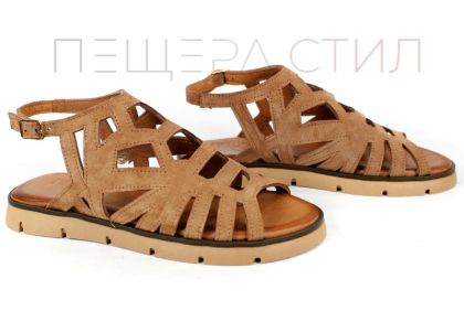 дамски сандали велур светло кафяво ниски