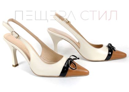 дамски елегантни сандали с ток естествена кожа бежово кафяво