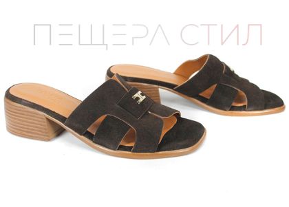 дамски чехли от естествен велур тъмно кафяво