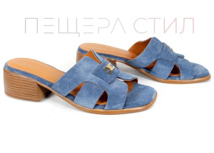 дамски чехли от естествен велур сини