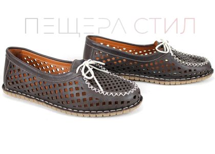 дамски мокасини естествена кожа тъмно кафяво перфорация