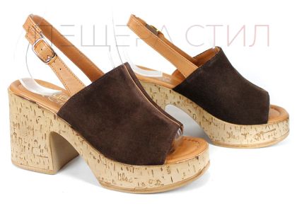 дамско сабо отворени пръсти естествен велур тъмно кафяво