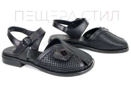 дамски сандали перфорирана кожа черни