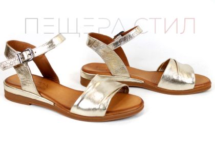 дамски сандали от естествена кожа в злато ниско ходило
