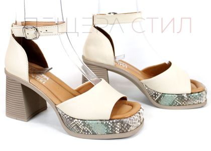 дамски сандали на ток и платформа от естествена кожа бежово