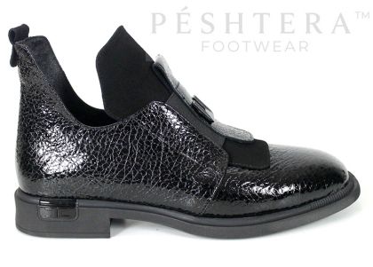 Noir Élise women's premium shoes in black genuine patent leather with shagreen effect