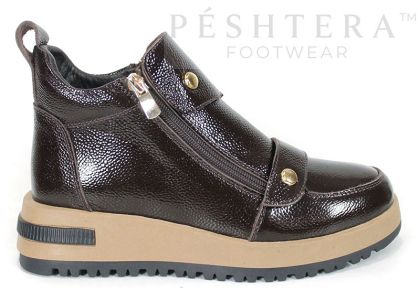 Aurelia Fontana women's dark brown glossy pebbled genuine leather ankle boots