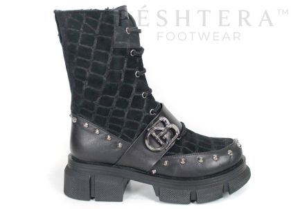 Women's Black Punk Boots in Leather and Croc-Embossed Suede Vittoria Ribelle
