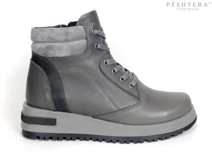 Sofia Bellini – Women's Warm Grey Genuine Leather Ankle Boots with Laces, Side Zipper and Lug Sole