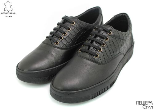 Pantofi casual din piele neagra, croco si neteda DMT 108 CH