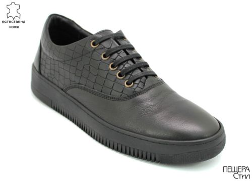 Pantofi casual din piele neagra, croco si neteda DMT 108 CH