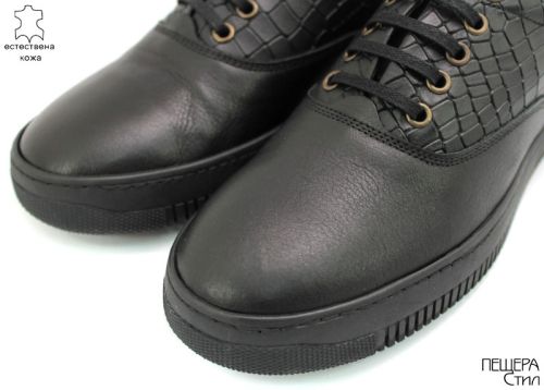 Pantofi casual din piele neagra, croco si neteda DMT 108 CH