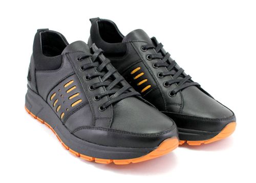 Мъжки обувки от естествена кожа в черно с оранжеви елементи 807 CH