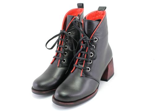 Botine elegante de damă cu fermoar lateral și șireturi în negru și roșu - Model Estrela