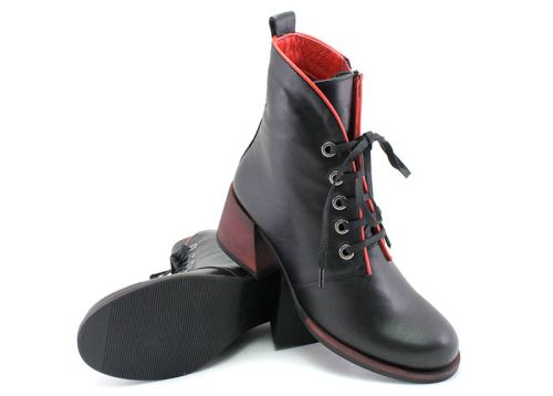 Botine elegante de damă cu fermoar lateral și șireturi în negru și roșu - Model Estrela