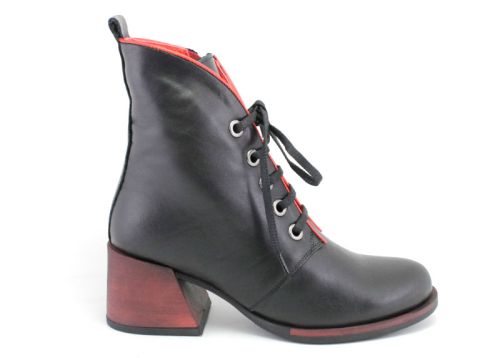 Botine elegante de damă cu fermoar lateral și șireturi în negru și roșu - Model Estrela