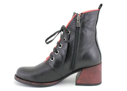 Botine elegante de damă cu fermoar lateral și șireturi în negru și roșu - Model Estrela