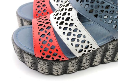 Дамски сандали на платформа от естествена кожа в синьо, бяло и червено - Модел Елвира.