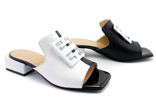 Дамски чехли на нисък ток в бяло и черно - Модел Мишел.