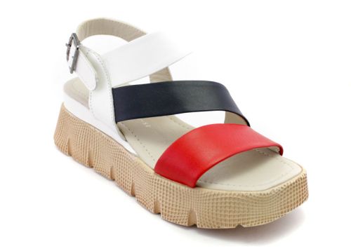 Дамски сандали на ниска платформа в  бяло, синьо, червено - Модел Юнона