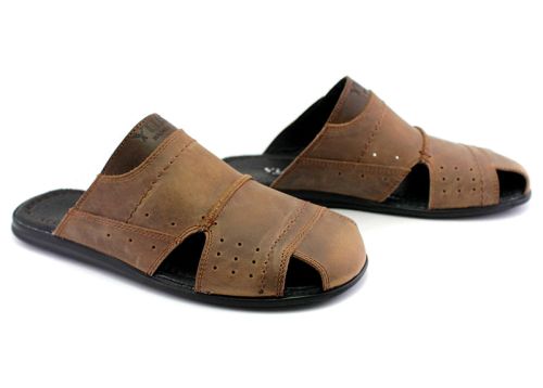 Мъжки чехли от естествена кожа в кафяво, модел Ричи