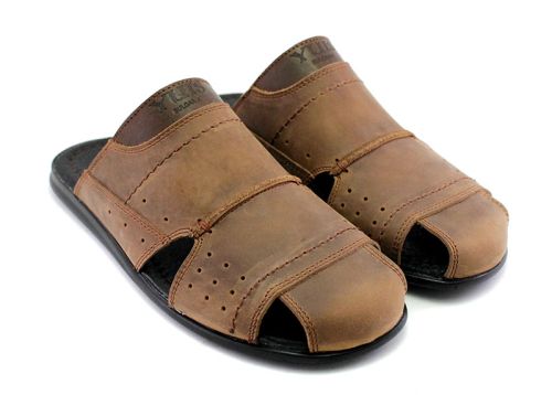 Мъжки чехли от естествена кожа в кафяво, модел Ричи