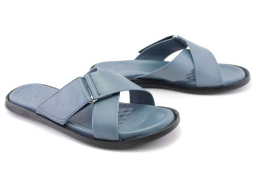 Мъжки чехли от естествена кожа в дънково синьо, модел Алберто