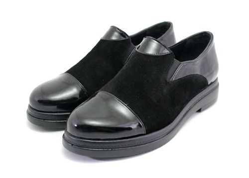 Pantofi casual dama din piele lacuita si piele intoarsa de culoare neagra - Model Areselis