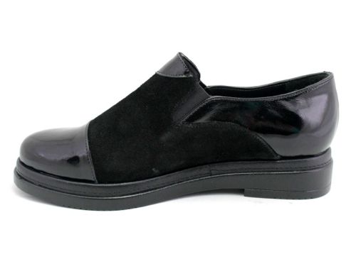 Pantofi casual dama din piele lacuita si piele intoarsa de culoare neagra - Model Areselis