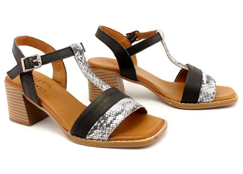 Дамски сандали от естествена кожа в черно и змийско черно на среден ток - Модел Розалия.
