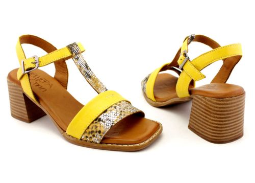 Дамски сандали от естествена кожа в жълто и змийско жълто на среден ток - Модел Розалия.