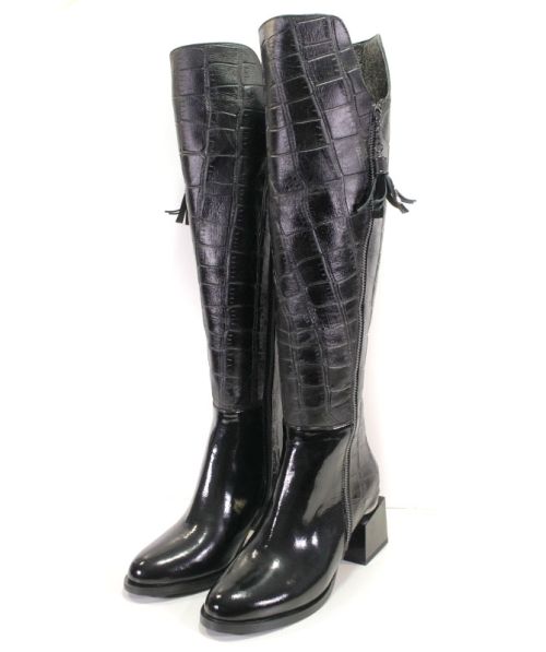 Дамски ботуши от естествена "кроко" кожа в черно - Модел Меган