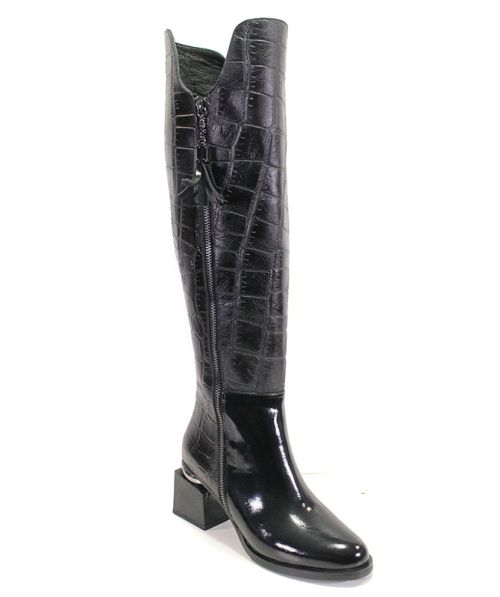 Дамски ботуши от естествена "кроко" кожа в черно - Модел Меган