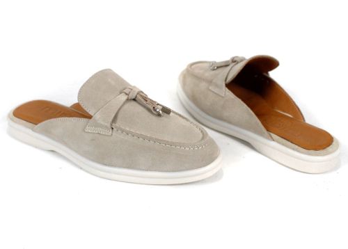 Duna Beige дамски велурени чехли с пискюл и бяло ходило