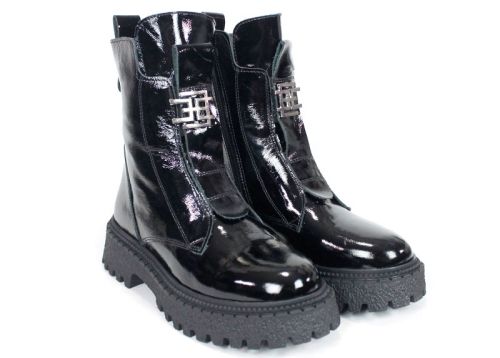 дамски боти Nero Flare естествен лак черни без връзки с ластик и зимно ходило