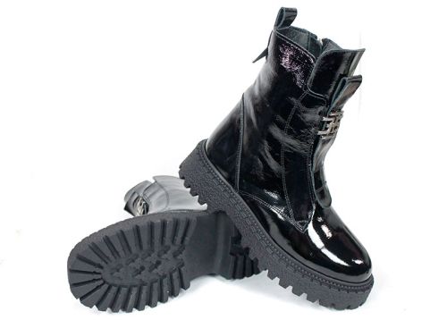 дамски боти Nero Flare естествен лак черни без връзки с ластик и зимно ходило