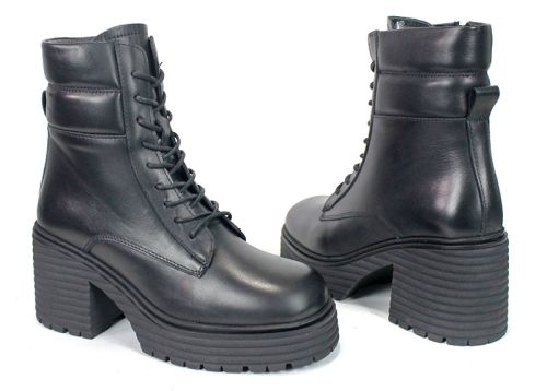 дамски боти Bruna Forte естествена черна кожа с ток и дебело зимно ходило