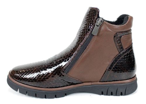 дамски ниски боти Velina Forte от естествен лак и кожа, тъмно кафяви, с плюшен хастар и два ципа