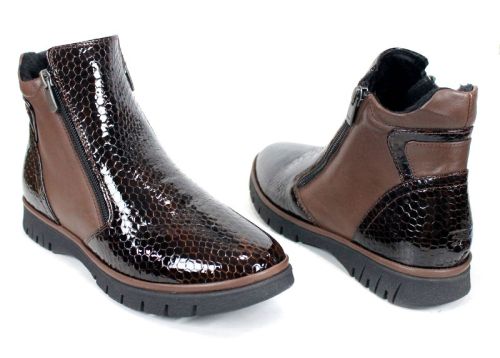 дамски ниски боти Velina Forte от естествен лак и кожа, тъмно кафяви, с плюшен хастар и два ципа