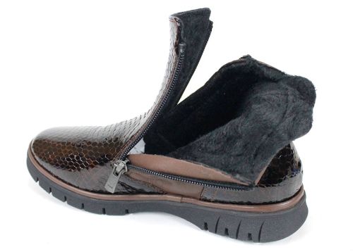 дамски ниски боти Velina Forte от естествен лак и кожа, тъмно кафяви, с плюшен хастар и два ципа