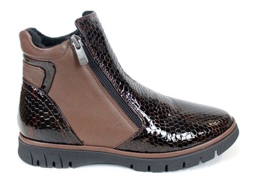 дамски ниски боти Velina Forte от естествен лак и кожа, тъмно кафяви, с плюшен хастар и два ципа