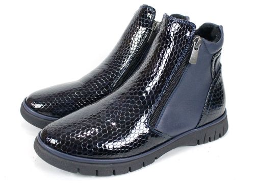 дамски ниски боти Velina Forte от естествен лак и кожа, тъмносини, с плюшен хастар и два ципа