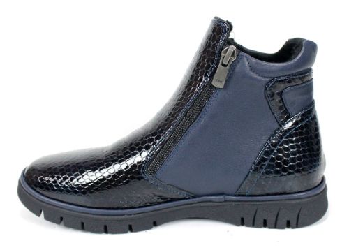 дамски ниски боти Velina Forte от естествен лак и кожа, тъмносини, с плюшен хастар и два ципа