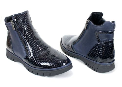 дамски ниски боти Velina Forte от естествен лак и кожа, тъмносини, с плюшен хастар и два ципа