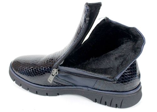 дамски ниски боти Velina Forte от естествен лак и кожа, тъмносини, с плюшен хастар и два ципа