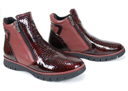 дамски ниски боти Velina Forte от естествен лак и кожа, бордо, с плюшен хастар и два ципа