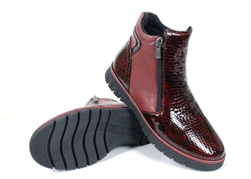 дамски ниски боти Velina Forte от естествен лак и кожа, бордо, с плюшен хастар и два ципа