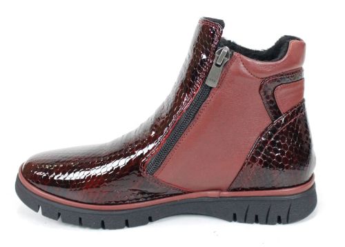 дамски ниски боти Velina Forte от естествен лак и кожа, бордо, с плюшен хастар и два ципа